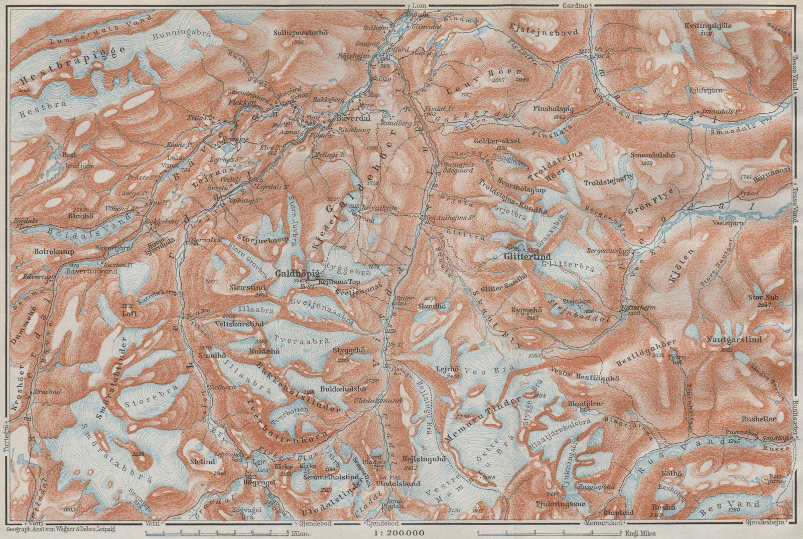 Galdhøpiggen and Glittertind mountains. Jotunheimen. Topo-map. Norway 1909
